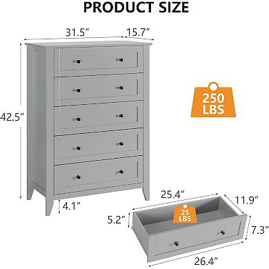 Modern 5-Drawer Tall Dresser, Deep Storage Chest with Gold Handles for Bedroom or Closet
