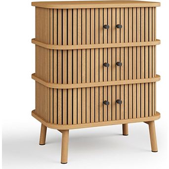 Mid-Century Modern 3-Drawer Wicker Dresser with Matte Black Handles & Wood Legs for Bedroom