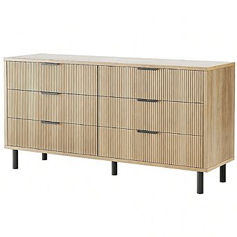Fluted 6-Drawer Dresser, Modern Wide Wood Chest with Metal Legs & Anti-Tip Design