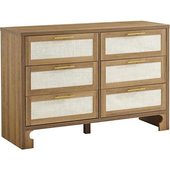 6-Drawer Farmhouse Dresser with Burlap Design & Gold Handles, Wooden Storage Chest for Bedroom