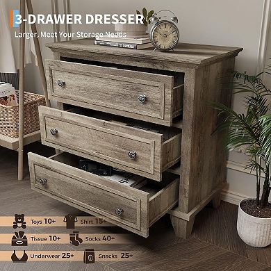 Modern 3-Drawer Wood Chest of Drawers - Rustic Style Nightstand, Space-Saving Storage Cabinet