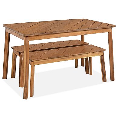 Whisen 3-Piece Acacia Wood Table & Bench Set for Patio Garden Poolside