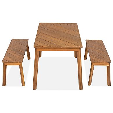 Whisen 3-Piece Acacia Wood Table & Bench Set for Patio Garden Poolside