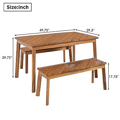 Whisen 3-Piece Acacia Wood Table & Bench Set for Patio Garden Poolside