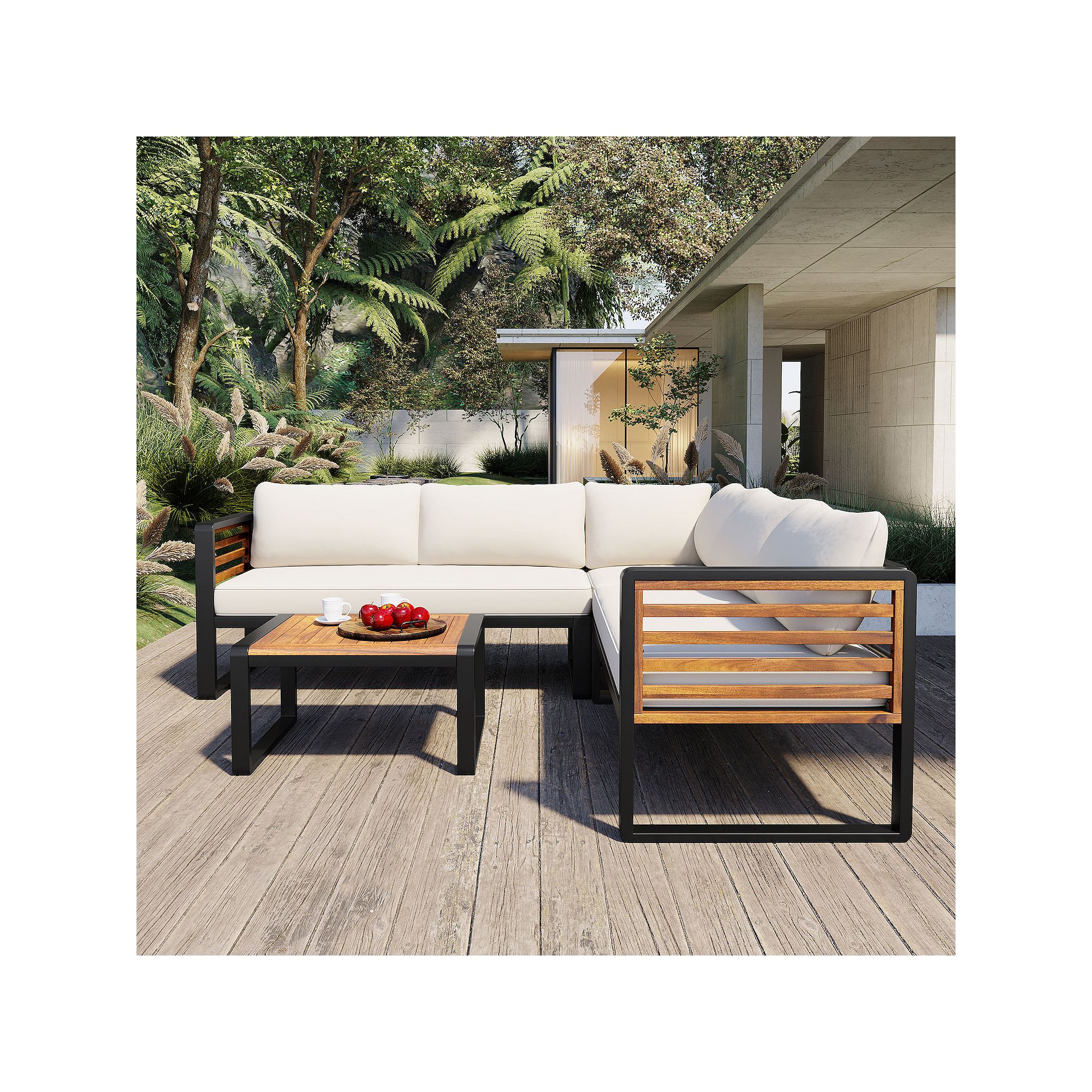 L-shaped patio sectional with white cushions and matching wood slat coffee table