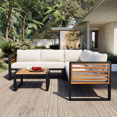 Whisen 4-Piece Metal & Wood Patio Set: L-Shaped Sectional with Cushions & Table