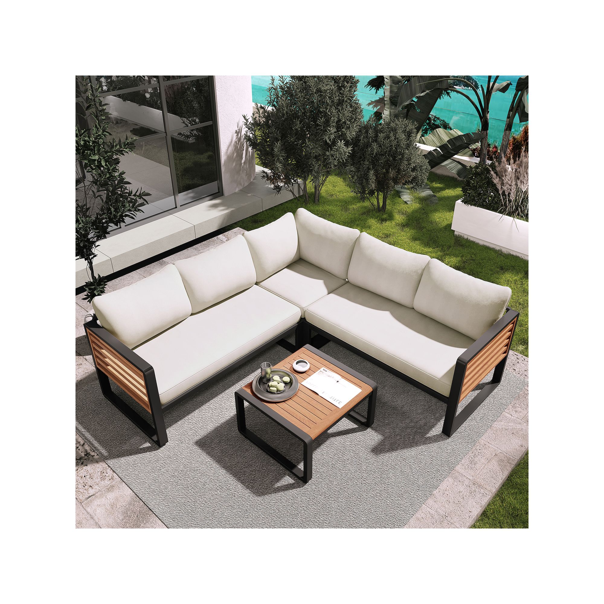 Outdoor sectional patio set with white cushions and wood slat coffee table