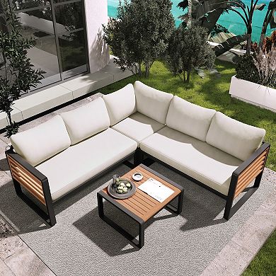 Whisen 4-Piece Metal & Wood Patio Set: L-Shaped Sectional with Cushions & Table