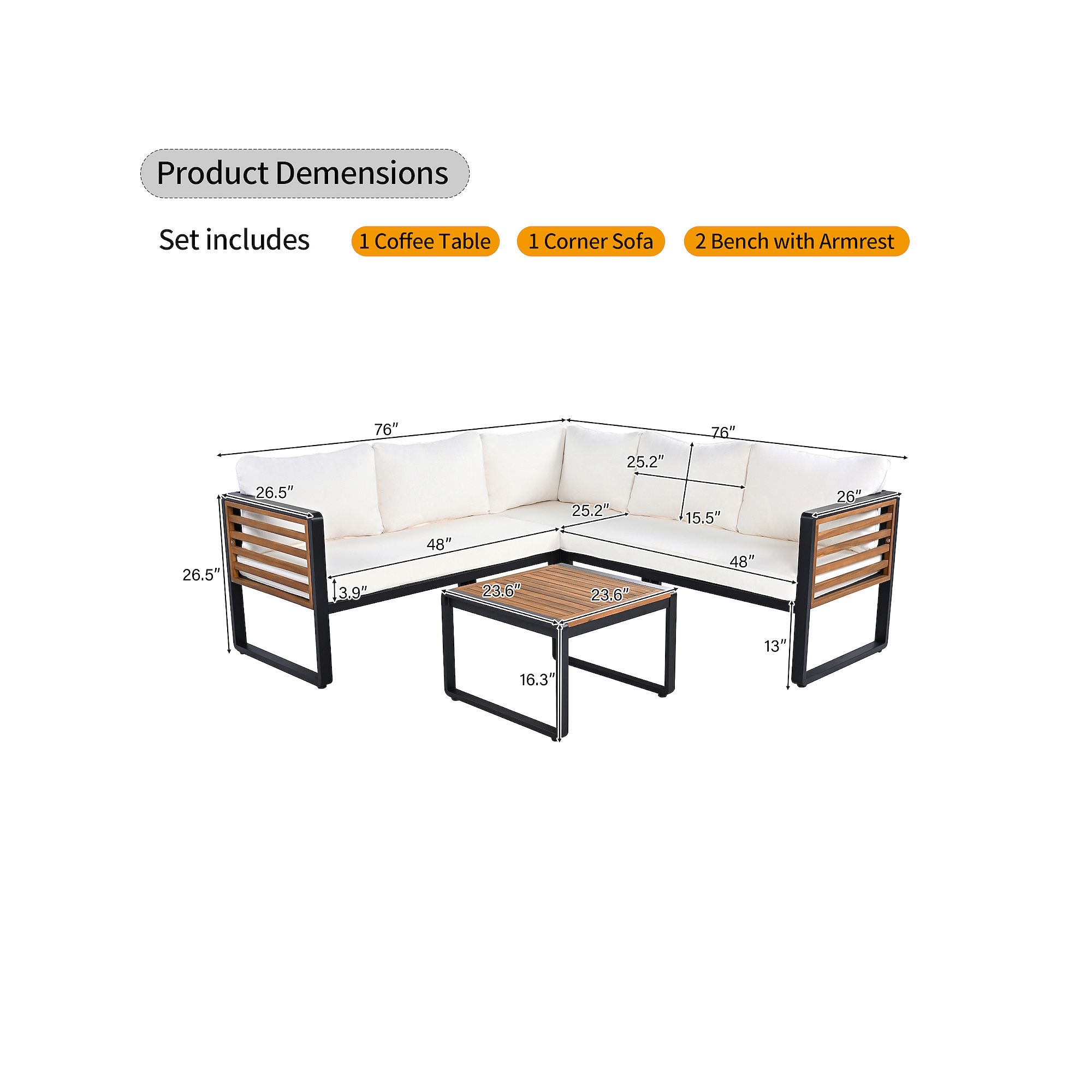 Whisen patio set product dimensions diagram with table and sectional measurements