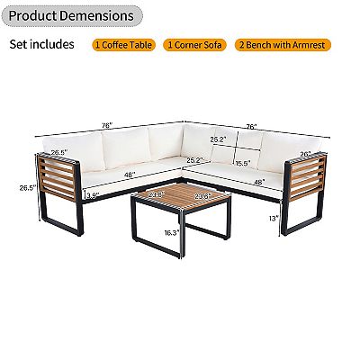 Whisen 4-Piece Metal & Wood Patio Set: L-Shaped Sectional with Cushions & Table