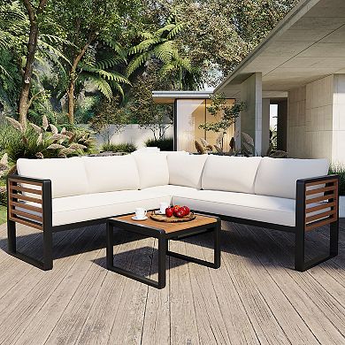 Whisen 4-Piece Metal & Wood Patio Set: L-Shaped Sectional with Cushions & Table