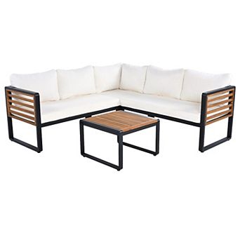 Whisen 4 pc Metal & Wood Patio Set: L-Shaped Sectional with Cushions & Table