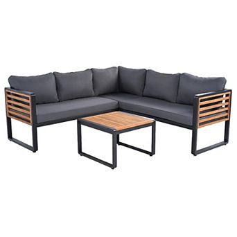Whisen 4 pc Metal & Wood Patio Set: L-Shaped Sectional with Cushions & Table