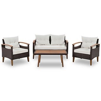 Whisen 4 pc Patio Seating Set, PE Rattan Outdoor Sofa Set with Wood Table and Legs, Garden Furnit