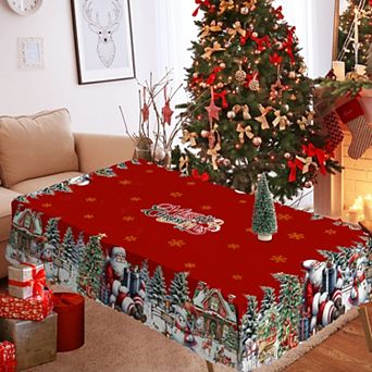 Christmas Tablecloth with Snowman and Holiday House, Washable Winter Table Cover for Party Decor