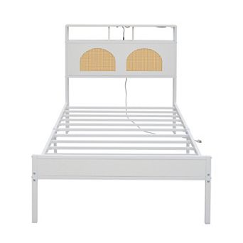 Twin Bed Frame with Rattan Headboard, LED Lights & Charging Station