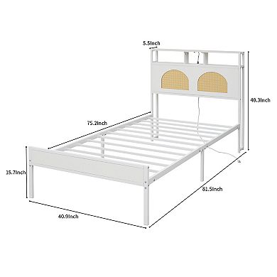 Twin Bed Frame with Rattan Headboard, LED Lights & Charging Station