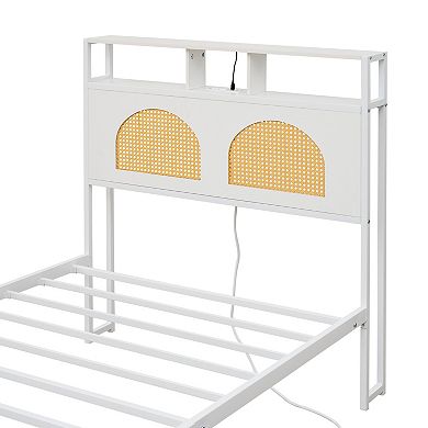 Twin Bed Frame with Rattan Headboard, LED Lights & Charging Station