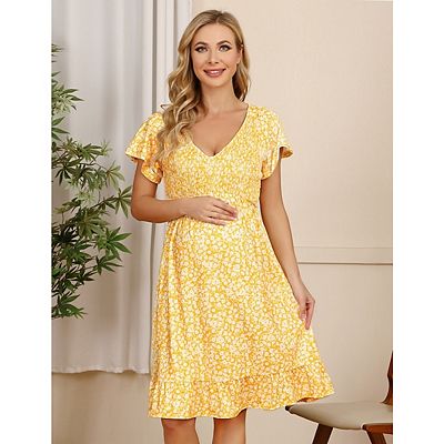 Women Maternity Dress Midi Ruffle V-Neck Flowy Smocked Empire Waist Casual  Pregnant