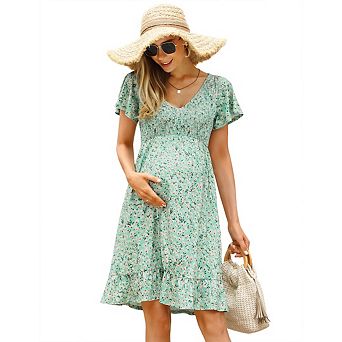 Women Maternity Dress Midi Ruffle V-Neck Flowy Smocked Empire Waist Casual Pregnant