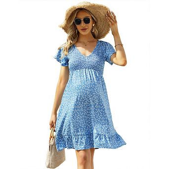 Women Maternity Dress Midi Ruffle V-Neck Flowy Smocked Empire Waist Casual Pregnant