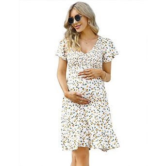 Women Maternity Dress Midi Ruffle V-Neck Flowy Smocked Empire Waist Casual Pregnant