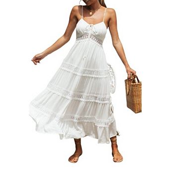 Women's Boho Spaghetti Strap Maxi Dress Lace Trim Tiered Swing Dress for Vacation & Beach Wear