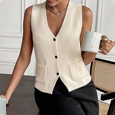 Women's Ribbed Knit Vest V-Neck Button-Front Sleeveless Pocket Crop Tank Top