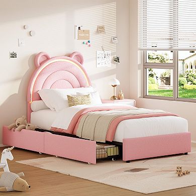 Twin Size Velvet Upholstered Bed Frame - 2 Storage Drawers & LED Rainbow Headboard, Noise-Free