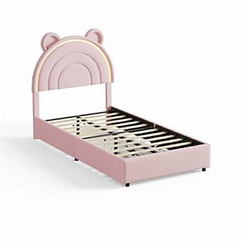 Twin Size Velvet Upholstered Bed Frame - 2 Storage Drawers & LED Rainbow Headboard, Noise-Free