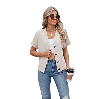 Women Short Sleeve Cardigan Sweaters for Women Lightweight Knit Button Up V Neck