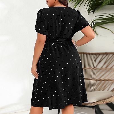 Women's Plus Size Polka Dot Dress Summer Square Neck Puff Sleeve Tie Waist  Casual Flowy Midi