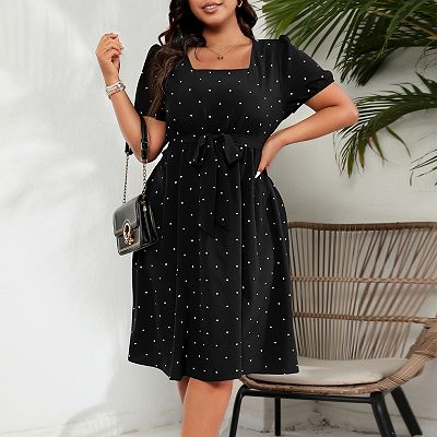 Women's Plus Size Polka Dot Dress Summer Square Neck Puff Sleeve Tie Waist  Casual Flowy Midi