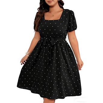 Women's Plus Size Polka Dot Dress Summer Square Neck Puff Sleeve Tie Waist Casual Flowy Midi Dress