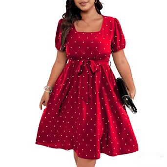 Women's Plus Size Polka Dot Dress Summer Square Neck Puff Sleeve Tie Waist Casual Flowy Midi Dress