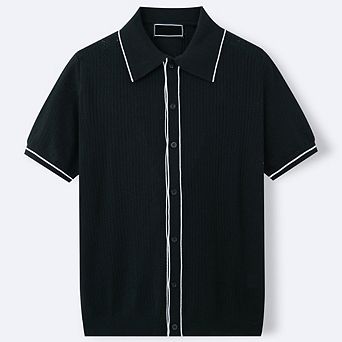 Men's Knit Polo Shirt Short Sleeve Textured Button-Down Collared Shirt
