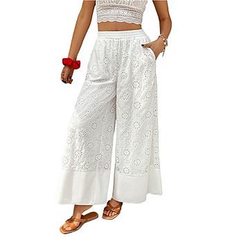 Women's Eyelet Wide-Leg Pants High-Waisted Elastic Waist Trousers Floral Embroidery Pants