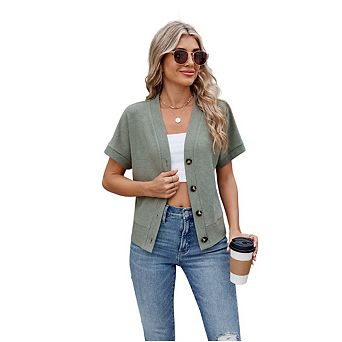Women Short Sleeve Cardigan Sweaters for Women Lightweight Knit Button Up V Neck