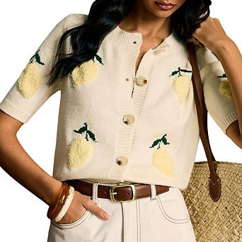 Women's Patterned Knit Cardigan Short-Sleeve Button-Front Sweater Top Cute Casual Textured Blouse