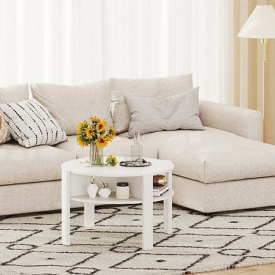 29.5" Round Coffee Table with Storage Shelves for Small Space