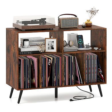 Record Player Stand with Charging Station and Open Shelves