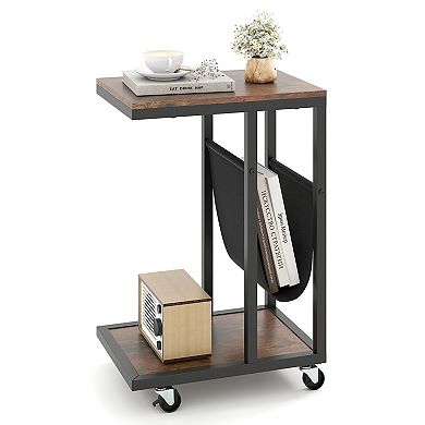 C-shaped Side Table with Canvas Storage Pouch and Metal Frame