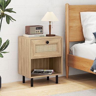 Rattan Nightstand Boho End Table with Rattan Drawer and Open Shelf