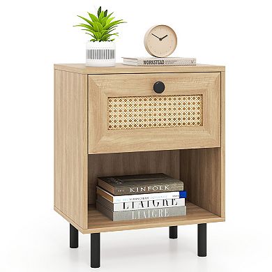 Rattan Nightstand Boho End Table with Rattan Drawer and Open Shelf