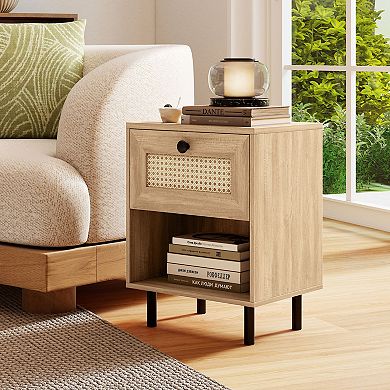 Rattan Nightstand Boho End Table with Rattan Drawer and Open Shelf