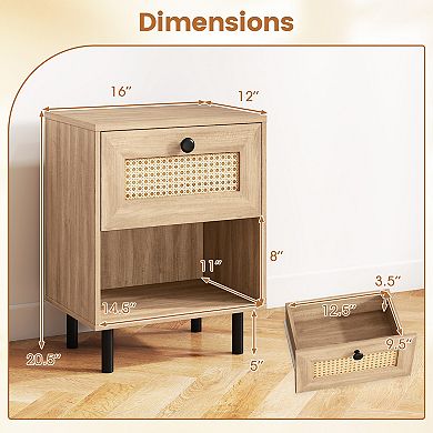 Rattan Nightstand Boho End Table with Rattan Drawer and Open Shelf