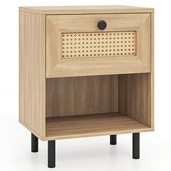 Rattan Nightstand Boho End Table with Rattan Drawer and Open Shelf