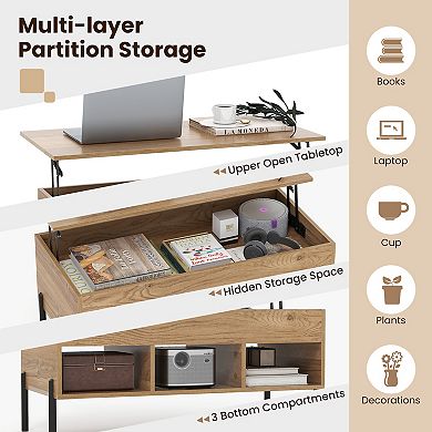 Living Room Central Table with Lifting Tabletop and Metal Legs