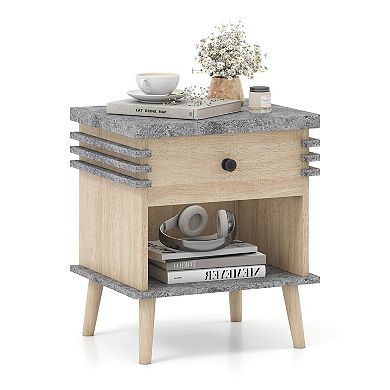 3-Tier Bedside Table Nightstand with Antique Grey Faux Marble Top