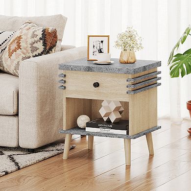 3-Tier Bedside Table Nightstand with Antique Grey Faux Marble Top